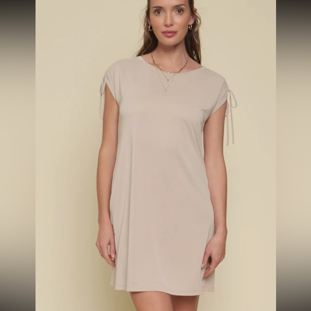Beige khaki shoulder string tie detail cotton t-shirt boho bohemian dress